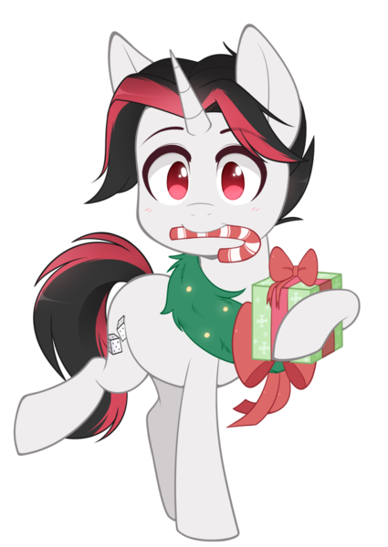 Size: 659x930 | Tagged: safe, artist:higgly-chan, derpibooru import, oc, oc:ace high, unofficial characters only, pony, unicorn, candy, candy cane, commission, digital art, female, food, male, present, red eyes, signature, simple background, solo, stallion, transparent background, ych result