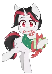 Size: 659x930 | Tagged: safe, artist:higgly-chan, derpibooru import, oc, oc:ace high, unofficial characters only, pony, unicorn, candy, candy cane, commission, digital art, female, food, male, present, red eyes, signature, simple background, solo, stallion, transparent background, ych result