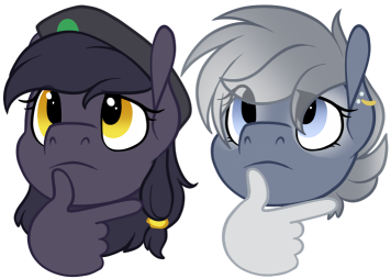 Size: 356x254 | Tagged: safe, artist:breioom, derpibooru import, oc, oc:artemis, oc:mir, unofficial characters only, pony, commission, digital art, duo, ear piercing, emoji, emote, female, hat, mare, piercing, signature, simple background, thinking, thinking emoji, transparent background, ych result