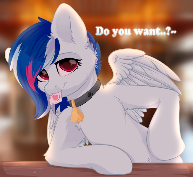 Size: 5017x4607 | Tagged: suggestive, artist:alphadesu, derpibooru import, oc, oc:yun flow, unofficial characters only, pegasus, pony, absurd resolution, asking for it, bell, bell collar, blurred background, choker, collar, commission, condom, condom in mouth, digital art, female, looking at you, mare, mouth hold, propositioning, red eyes, signature, smiling, solo, solo female, ych result