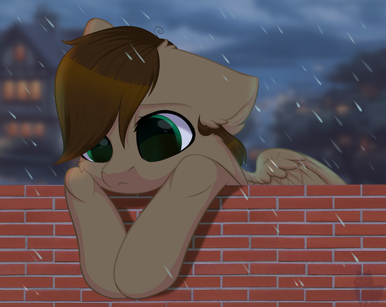 Size: 5281x4210 | Tagged: safe, artist:alphadesu, derpibooru import, oc, oc:paper trail, unofficial characters only, pegasus, pony, absurd resolution, blurred background, brick wall, commission, digital art, male, rain, sad, signature, solo, stallion, ych result