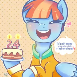 Size: 1000x1000 | Tagged: safe, artist:talimingi, derpibooru import, windy whistles, pegasus, pony, abstract background, birthday cake, birthday candles, blushing, cake, candle, commission, cute, eyes closed, food, happy birthday, solo, speech bubble, windybetes