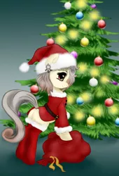 Size: 1200x1768 | Tagged: safe, artist:jerraldina, derpibooru import, oc, oc:osha, unofficial characters only, earth pony, pony, bipedal, bipedal leaning, butt, christmas, christmas tree, clothes, commission, costume, digital art, ear piercing, female, gradient background, green background, hat, holiday, leaning, looking at you, looking back, mare, piercing, plot, present, sack, santa costume, santa hat, signature, simple background, smiling, socks, solo, thigh highs, tree, ych result