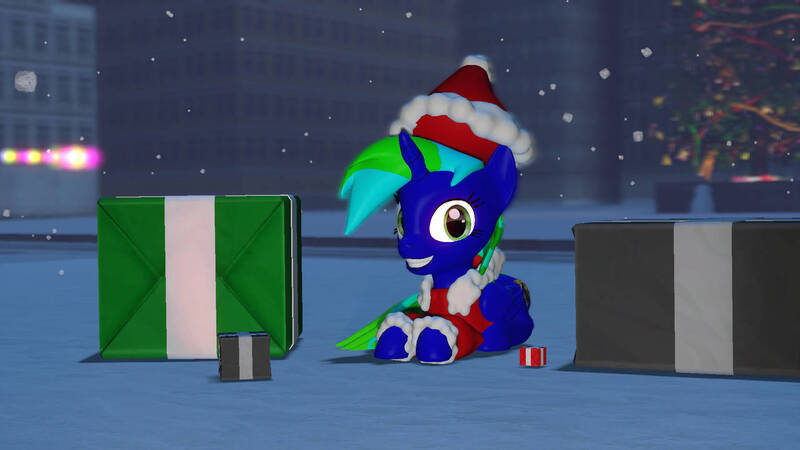 Size: 1280x720 | Tagged: safe, artist:sevenxninja, derpibooru import, oc, oc:lydia dieselsteam, unofficial characters only, pony, 3d, christmas, christmas presents, christmas tree, clothes, costume, gmod, holiday, santa costume, snow, snowfall, tree, winter