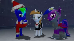 Size: 1280x720 | Tagged: safe, artist:sevenxninja, derpibooru import, oc, oc:lavender twirl, oc:love biscuit, oc:lydia dieselsteam, unofficial characters only, alicorn, bat pony, pony, unicorn, 3d, animal costume, bat pony oc, bat wings, christmas, clothes, costume, gmod, hat, holiday, maid, santa hat, snow, snowfall, tongue out, wings, winter, wolf costume