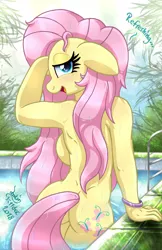 Size: 907x1400 | Tagged: suggestive, artist:joakaha, derpibooru import, fluttershy, anthro, bat pony, big breasts, bracelet, breasts, busty fluttershy, butt, dialogue, female, floppy ears, flutterbat, flutterbutt, jewelry, looking at you, looking back, looking back at you, open mouth, race swap, rearboob, signature, skinny dipping, solo, solo female, swimming pool, water, wingless, wingless anthro