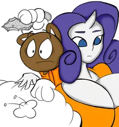 Size: 550x590 | Tagged: suggestive, artist:bigdad, artist:kevin72083361, derpibooru import, rarity, oc, human, pony, raccoon, big breasts, breasts, busty rarity, cartoon, game, humanized, inspiration, island, scum