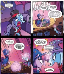 Size: 1161x1349 | Tagged: safe, artist:tonyfleecs, derpibooru import, idw, spike, trixie, twilight sparkle, dragon, pony, unicorn, nightmare knights, spoiler:comic, spoiler:comicnightmareknights03, cape, clothes, comic, female, great and powerful, hat, magic, magic aura, male, mare, official comic, speech bubble, telekinesis, the great and powerful roxy, the great and powerful twily, top hat, unicorn twilight, wizard hat