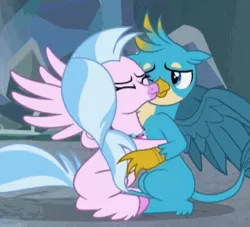 Size: 554x504 | Tagged: safe, derpibooru import, screencap, gallus, silverstream, classical hippogriff, gryphon, hippogriff, what lies beneath, birb, cropped, cute, diastreamies, duo, eyes closed, female, gallabetes, hug, male, one eye closed, shipping fuel
