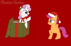 Size: 2710x1752 | Tagged: safe, artist:phantomshadow051, derpibooru import, scootaloo, sweetie belle, pegasus, pony, unicorn, box, christmas, female, holiday, holly, lesbian, present, scootabelle, shipping