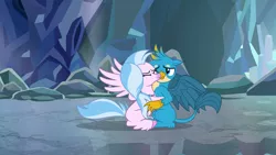 Size: 1920x1080 | Tagged: safe, derpibooru import, screencap, gallus, silverstream, classical hippogriff, gryphon, hippogriff, pony, what lies beneath, birb, cute, diastreamies, duo, eyes closed, female, gallabetes, hug, male, nightmare cave, one eye closed, shipping fuel