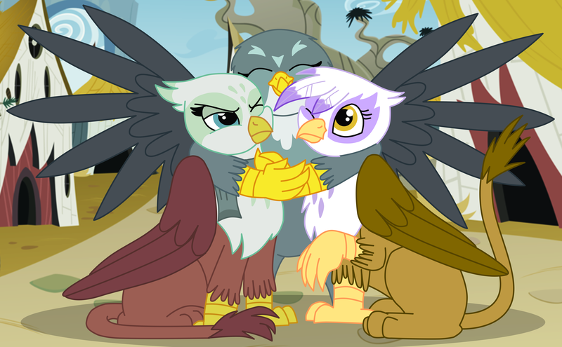 Size: 9828x6078 | Tagged: safe, artist:faitheverlasting, derpibooru import, gabby, gilda, greta, gryphon, absurd resolution, cute, female, gabbybetes, gildadorable, griffonstone, griffon trio, group hug, hug, smiling, trio