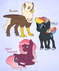 Size: 1024x1228 | Tagged: safe, artist:loryska, derpibooru import, oc, oc:helien, oc:mylo, oc:violet sunshine, classical hippogriff, earth pony, hippogriff, hybrid, pegasus, pony, colt, female, hippogriff oc, interspecies offspring, magical lesbian spawn, male, mare, offspring, parent:dumbbell, parent:gilda, parent:octavia melody, parent:vinyl scratch, parents:gildabell, parents:scratchtavia