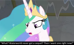 Size: 1280x782 | Tagged: safe, derpibooru import, edit, edited screencap, screencap, princess celestia, alicorn, pony, horse play, angry, bronybait, caption, demands, meta, mouthpiece, open mouth, solo, waterworld