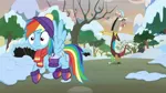 Size: 1280x720 | Tagged: safe, derpibooru import, screencap, discord, rainbow dash, draconequus, pegasus, pony, winterchilla, best gift ever, clothes, eyes closed, female, flying, handkerchief, hat, male, mare, snow, tree, winter