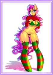 Size: 2893x4092 | Tagged: suggestive, artist:minamikoboyasy, derpibooru import, fluttershy, anthro, bat pony, unguligrade anthro, bikini, breasts, busty fluttershy, christmas, clothes, erect nipples, female, flutterbat, holiday, mare, nipple outline, race swap, socks, solo, solo female, stockings, striped socks, swimsuit, thigh highs