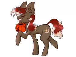 Size: 1600x1200 | Tagged: safe, artist:emma7335, derpibooru import, oc, oc:silver prose, unofficial characters only, pony, unicorn, colt, eyes closed, halloween, halloween 2018, happy, holiday, male, mouth hold, prancing, pumpkin bucket, raised leg, simple background, smiling, walking, white background
