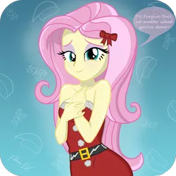 Size: 7680x7680 | Tagged: safe, artist:efk-san, derpibooru import, fluttershy, human, equestria girls, absurd resolution, bare shoulders, beautiful, bedroom eyes, christmas, clothes, costume, cute, female, forgiveness, holiday, looking at you, positive ponies, santa costume, shyabetes, sleeveless, solo, strapless, talking to viewer