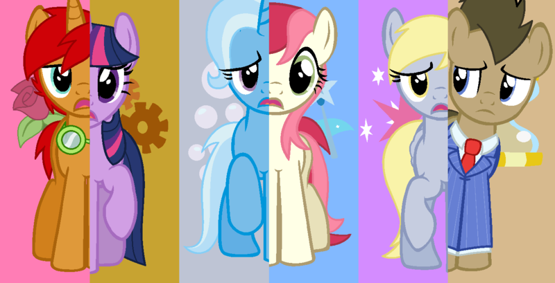 Size: 1409x720 | Tagged: safe, artist:lilladessert, derpibooru import, derpy hooves, doctor whooves, roseluck, time turner, trixie, twilight sparkle, oc, oc:tick tock, pony, unicorn, base used, doctor whooves adventures, song lyrics in description, tenth doctor, unicorn twilight, what my cutie mark is telling me