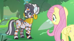 Size: 1280x720 | Tagged: safe, derpibooru import, screencap, fluttershy, zecora, pegasus, pony, zebra, a health of information, swamp fever