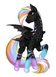 Size: 1460x2000 | Tagged: safe, artist:texasuberalles, derpibooru import, oc, oc:tiberious, unofficial characters only, dracony, dragon, hybrid, pony, 2019 community collab, derpibooru community collaboration, bat wings, colored hooves, female, four wings, looking at you, multicolored hair, multiple wings, rainbow hair, raised hoof, simple background, solo, transparent background, two mouths, wings