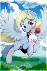 Size: 1200x1800 | Tagged: safe, artist:drafthoof, artist:klemm, derpibooru import, derpy hooves, moogle, pegasus, pony, collaboration, cute, derpabetes, female, final fantasy, flying, mare