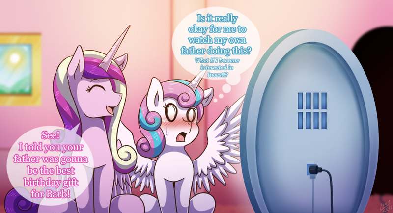 Size: 1000x543 | Tagged: suggestive, artist:vavacung, derpibooru import, princess cadance, princess flurry heart, alicorn, pony, cuckquean, female, implied barb, implied incest, implied interspecies, implied rule 63, implied sex, older, older flurry heart, princess cuckdance, spread wings, wingboner, wings