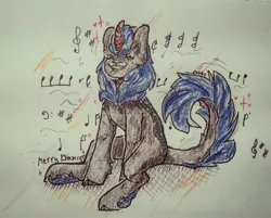 Size: 2183x1752 | Tagged: artist:cactus-control, blue hair, derpibooru import, eyes closed, happy, kirin, kirin oc, music notes, oc, open mouth, safe, simple background, singing, sitting, traditional art