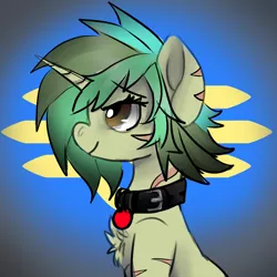 Size: 1024x1024 | Tagged: safe, artist:brainiac, derpibooru import, oc, oc:piper, unofficial characters only, pony, unicorn, fallout equestria, fanfic, bust, christmas presents, collar, fanfic art, female, horn, mare, profile, raider, scar, smiling, solo