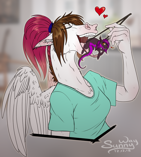 Size: 1000x1112 | Tagged: suggestive, artist:sunny way, derpibooru import, oc, oc:loch, oc:sunny way, unofficial characters only, alp-luachra, anthro, horse, original species, pegasus, commission, female, fetish, finished commission, flat line, floating heart, happy, heart, imminent vore, maw, mawshot, open mouth, rcf community, teeth, tongue out, ych result