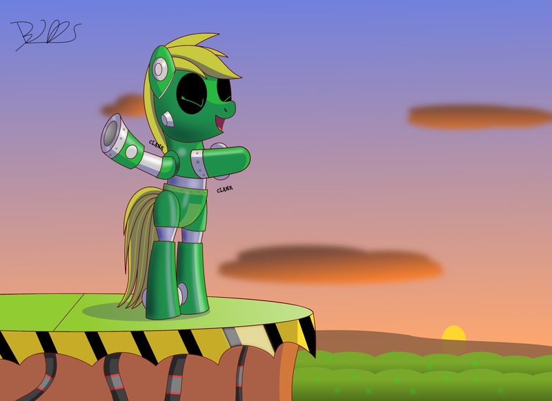 Size: 2000x1455 | Tagged: safe, artist:trackheadtherobopony, derpibooru import, oc, oc:jungle heart, pony, robot, robot pony, hoof on chest, jungle, mechanized, roboticization, signature, solo, sunrise