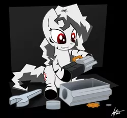 Size: 750x702 | Tagged: artist:ayameexgoddess, cute, derpibooru import, female, filly, grin, oc, oc:shine, red eyes, safe, simple background, sitting, smiling, solo, unofficial characters only, wrench, zebra