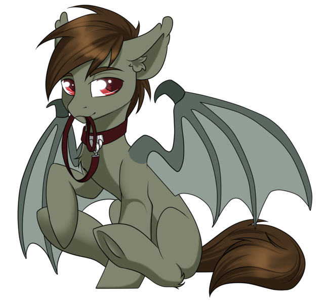 Size: 2798x2624 | Tagged: safe, artist:kxttponies, derpibooru import, oc, oc:wayne, unofficial characters only, bat pony, pony, collar, leash, male, red eyes, simple background, sitting, solo, stallion, transparent background