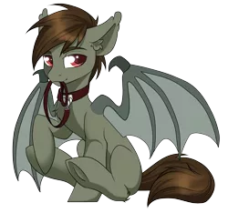 Size: 2798x2624 | Tagged: safe, artist:kxttponies, derpibooru import, oc, oc:wayne, unofficial characters only, bat pony, pony, collar, leash, male, red eyes, simple background, sitting, solo, stallion, transparent background