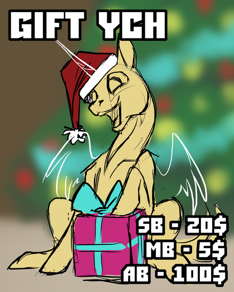 Size: 1000x1250 | Tagged: safe, artist:sunny way, derpibooru import, oc, pony, advertisement, any gender, christmas, commission, cristmas, cristmas tree, hat, holiday, new year, present, rcf community, santa hat, solo, your character here