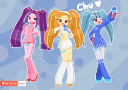 Size: 1420x1000 | Tagged: safe, artist:howxu, derpibooru import, adagio dazzle, aria blaze, sonata dusk, equestria girls, alternate hairstyle, belly button, boots, clothes, female, looking at you, microphone, midriff, one eye closed, pigtails, shoes, singing, smiling, snaggletooth, space channel 5, the dazzlings, twintails