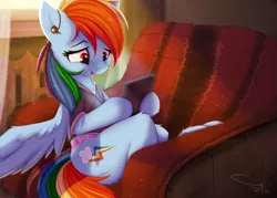 Size: 1448x1035 | Tagged: safe, artist:omi, derpibooru import, rainbow dash, pegasus, pony, backwards cutie mark, book, clothes, couch, cute, dashabetes, earbuds, female, headphones, mare, panties, radiator, reading, shirt, solo, spread wings, tablet, underwear, wings