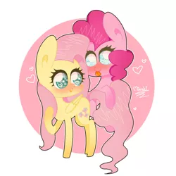 Size: 768x768 | Tagged: source needed, safe, artist:twilydashie, derpibooru import, fluttershy, pinkie pie, earth pony, pegasus, pony, blushing, female, flutterpie, folded wings, head turn, heart, heart eyes, lesbian, looking at each other, raised hoof, shipping, tongue out, wingding eyes, wings