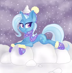 Size: 2400x2423 | Tagged: safe, artist:spindlespice, derpibooru import, trixie, pony, unicorn, boots, chest fluff, clothes, female, mare, mittens, prone, scarf, shoes, smiling, snow, snowfall, solo, winter outfit