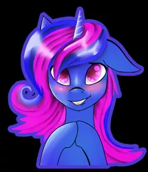 Size: 402x468 | Tagged: safe, artist:twilightwolf91, derpibooru import, oc, oc:opasnyletyagin, pony, unicorn, black background, blushing, embarrassed, happy, looking at you, purple eyes, purple hair, simple background, smiling, solo