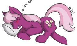 Size: 906x544 | Tagged: safe, artist:exvius, derpibooru import, cheerilee, pony, blushing, cheeribetes, comfy, content, cute, happy, lying down, onomatopoeia, pillow, sleeping, smiling, solo, sound effects, zzz