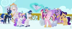 Size: 2288x920 | Tagged: safe, artist:ilaria122, derpibooru import, princess cadance, princess celestia, princess flurry heart, princess luna, shining armor, twilight sparkle, twilight sparkle (alicorn), oc, oc:crystal arrow, oc:shooting star (ilaria122), alicorn, crystal pony, pegasus, pony, unicorn, alternate design, baby, baby pony, balcony, brother and sister, colt, crown, crystal empire, crystallized, empress cadance, ethereal mane, eyes closed, female, glowing horn, halo, horn, jewelry, male, mare, next generation, older, older flurry heart, older princess cadance, older princess celestia, older princess luna, older shining armor, queen celestia, queen luna, regalia, siblings, simple background, sisters-in-law, smiling, stallion, starry mane, ultimate cadance, ultimate luna, ultimate twilight