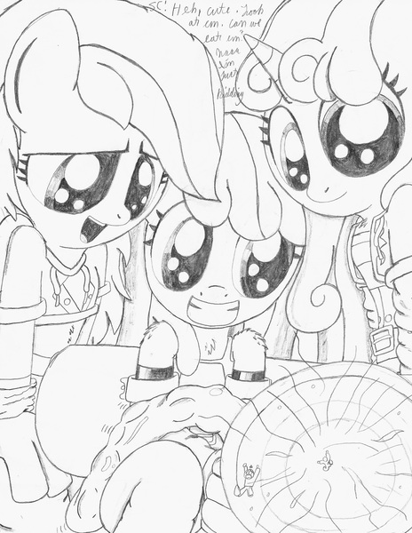 Size: 1700x2200 | Tagged: anthro, apple bloom, artist:tenebrousmelancholy, bloom and gloom, cutie mark crusaders, derpibooru import, micro, safe, scootaloo, smiling, suction, sweetie belle, traditional art, vacuum