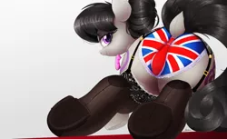 Size: 2000x1224 | Tagged: suggestive, artist:raps, derpibooru import, octavia melody, earth pony, pony, britain, britavia, british flag, butt, clothes, dock, female, garters, hair bun, looking at you, looking back, looking back at you, mare, mega octavia, panties, plot, sexy, smiling, socks, solo, solo female, stockings, stupid sexy octavia, thigh highs, treblebutt, underhoof, underwear, union jack