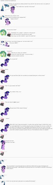 Size: 853x2942 | Tagged: adorkable, artist:dziadek1990, bbbff, bee, bully, bullying, canterlot, conversation, crying, cute, derpibooru import, dialogue, dork, emotes, emote story, hero, insect, laughing, nerd, pretend, proud, recolor, reformed, reformed villain, safe, sesquipedalian loquaciousness, shining armor, slice of life, text, therapist, twilight sparkle, wat, younger