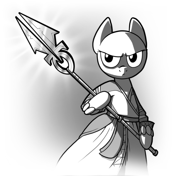 Size: 3000x3000 | Tagged: safe, artist:petirep, derpibooru import, oc, unofficial characters only, pony, buck legacy, bald, beads, bipedal, black and white, card art, cleric, clothes, determined, grayscale, male, monk, monochrome, robe, robes, simple background, solo, spear, weapon