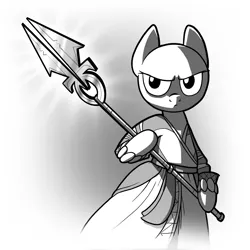 Size: 3000x3000 | Tagged: safe, artist:petirep, derpibooru import, oc, unofficial characters only, pony, buck legacy, bald, beads, bipedal, black and white, card art, cleric, clothes, determined, grayscale, male, monk, monochrome, robe, robes, simple background, solo, spear, weapon