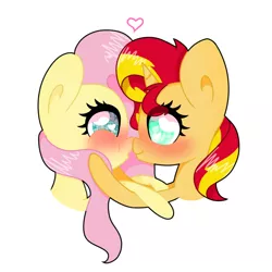 Size: 768x768 | Tagged: source needed, safe, artist:twilydashie, derpibooru import, fluttershy, sunset shimmer, pony, blushing, boop, bust, eye contact, female, floating heart, heart, heart eyes, lesbian, looking at each other, noseboop, profile, shipping, simple background, squishy cheeks, sunshyne, white background, wingding eyes