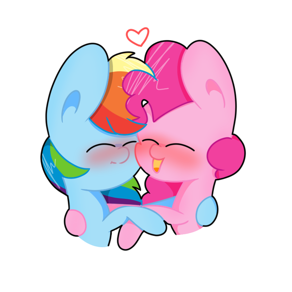 Size: 768x768 | Tagged: source needed, safe, artist:twilydashie, derpibooru import, pinkie pie, rainbow dash, pony, blushing, eyes closed, female, floating heart, heart, hug, lesbian, pinkiedash, shipping