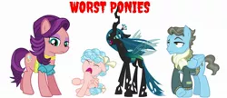 Size: 1846x801 | Tagged: safe, derpibooru import, cozy glow, queen chrysalis, spoiled rich, wind rider, changeling, pegasus, pony, abuse, chrysabuse, cozybuse, equestria's worst mother, female, filly, foal, lies, male, mare, stallion, worst pony